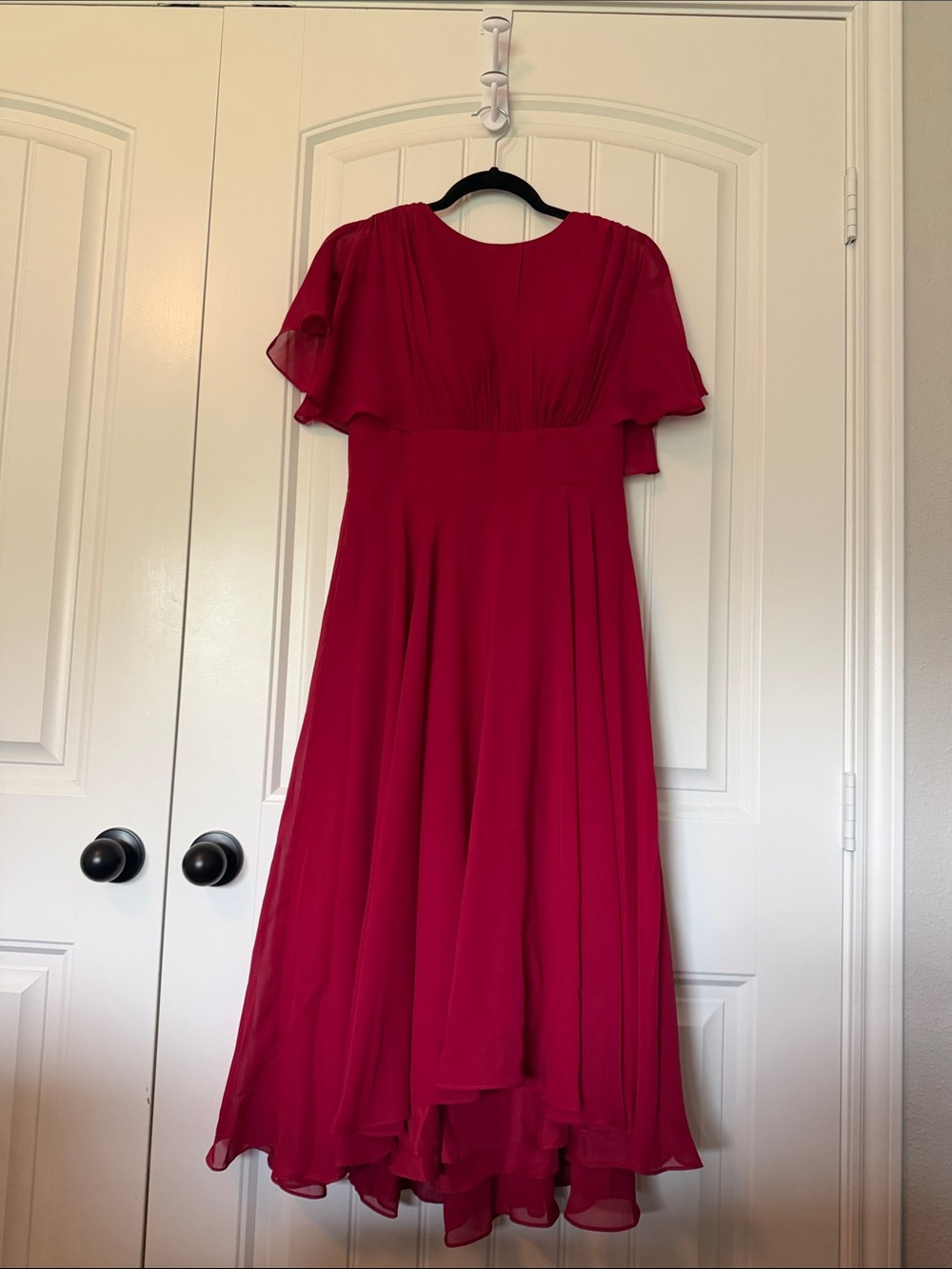 JJs House Red High-Low Flutter Sleeve Midi Dress